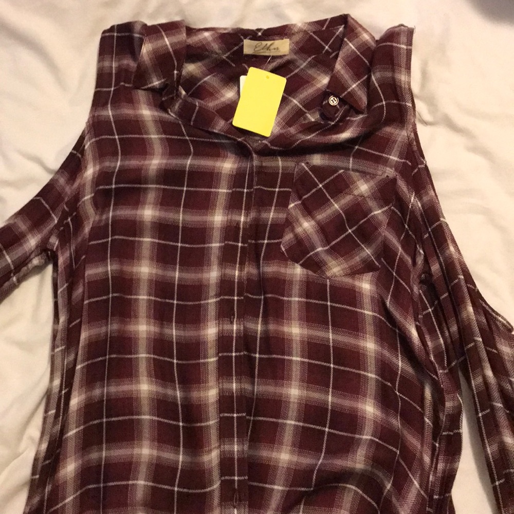 flannel blouse with cut out shoulders